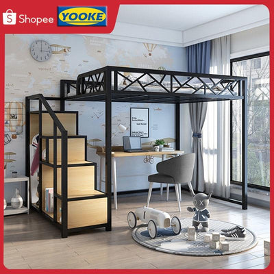 Iron Bed bunk bed Apartment Space Saving 1-2 People Wardrobe Ladder Stable Loft Bed (Customizable)