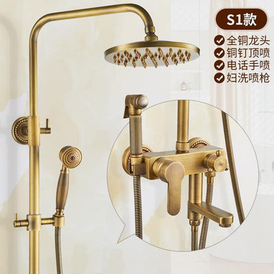 RUNZE All Copper Rain Shower Set European Retro Bathroom Shower Full Set With Shower Head