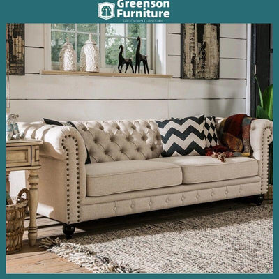 American Country Style Model Room Furniture Cotton Hemp Pull Buckle Three-person Fabric Sofa