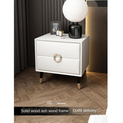 Nordic White Wax Solid Wood Bedside Table Custom-made Modern Leather Storage Cabinet with Ins Style