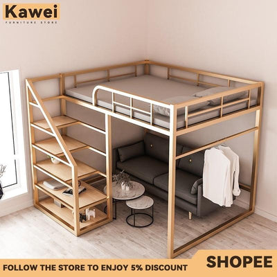 KW Loft Bed Small Apartment Iron Frame Bed Apartment High And Low Bed Frame