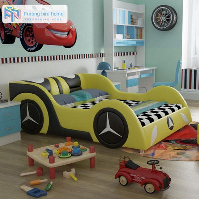 Bedroom Single Bed Pastoral Leather Bed Nordic Cartoon Bed Boy Car Bed Simple Children Slantback