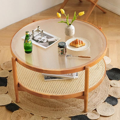 Solid Wood Small Round Table Japanese Style Living Room Rattan Round Glass Coffee Table——japanese