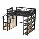 Y&u Wrought Iron Loft Bed Space Saving Iron Frame Bed Ladder Cabinet Single Double Bed Elevated Iron