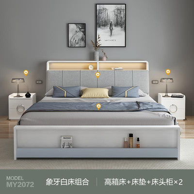 Muyue Nordic bed master bedroom storage high box bed economical soft bed with lights multifunctional