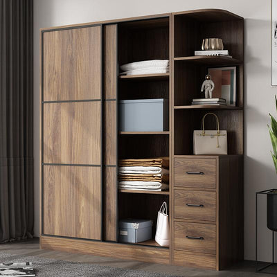 (YIGLE) Wardrobe Nordic Bedroom Solid Wood Modern 2021 Simple Push-door Small-family Collection