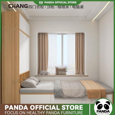 (PANDA) Wardrobe Bed Integrated Solid Wood Small Family with Bookcase Bed Computer Desk Wall