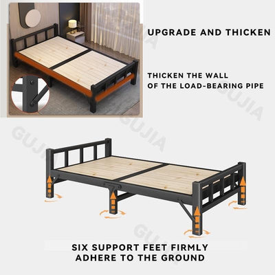 Gs Solid Wooden Foldable Bed Single Bed Frame 1.2m Household Simple Double Nap Pine Iron Frame