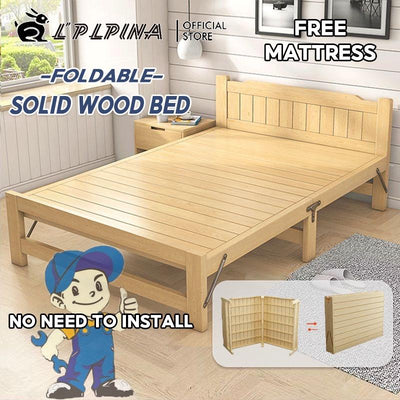 Free Mattress Solid Wooden Foldable Bed Single Bed Frame 1.2m Household Simple Double Solid Wood