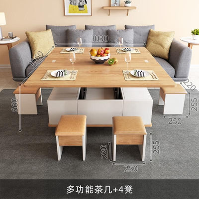 (MUWU) Lifting Coffee Table With 4 Stools Small Family Creative Dining Table Tea Table Dual Use