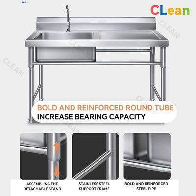 CLEAN Kitchen Sink Integrated 304 Stainless Steel Sink Household Wash Basin Support Platform Dish