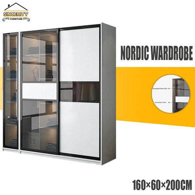 Simple Wooden Wardrobe Bedroom Armoire With Tempered Glass Door Large Capacity Garderobe