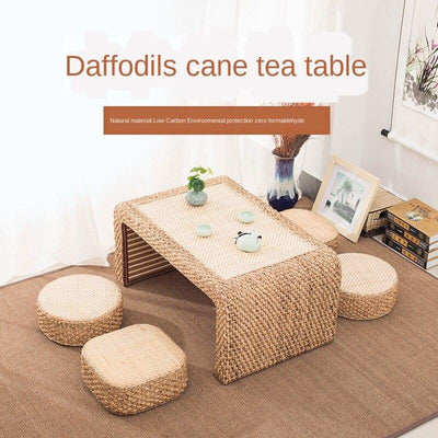 Rattan-made Low Balcony Bench Sofa Straw-made Household Seat Pier Small Round Stool Tatami Chair