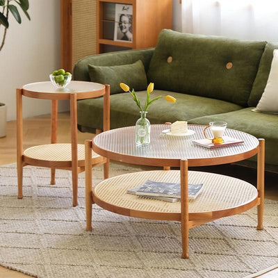 Solid Wood Small Round Table Japanese Style Living Room Rattan Round Glass Coffee Table——japanese