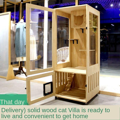 Luxury Villa Solid Wood Closed Cage Transparent Nest Wooden House Display Cat Cabinet