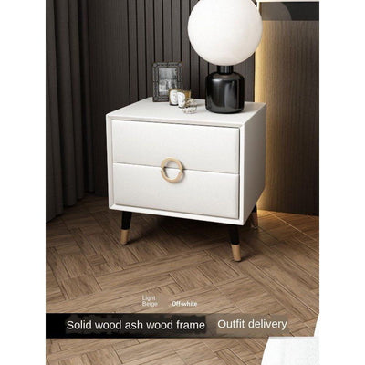 Nordic White Wax Solid Wood Bedside Table Custom-made Modern Leather Storage Cabinet with Ins Style