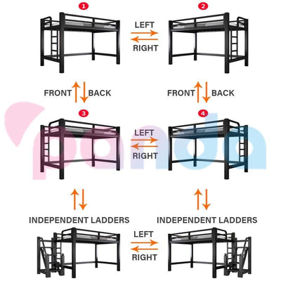 Iron Bed Bunk Loft Bed With Raised Black Frame Student Dormitory Bed