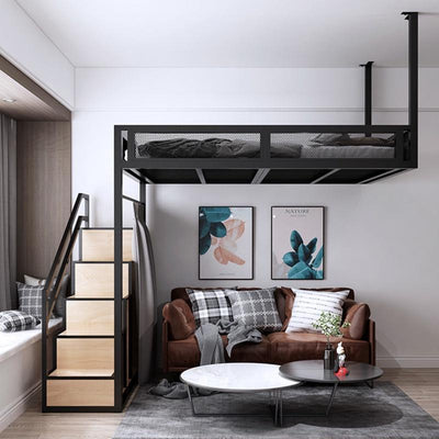 Loft Bed Frame Nordic Iron Bed Small Apartment Loft Bed Simple Apartment Duplex Storage Bed