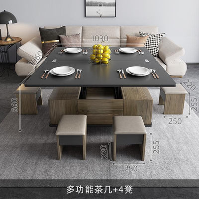 (MUWU) Lifting Coffee Table With 4 Stools Small Family Creative Dining Table Tea Table Dual Use