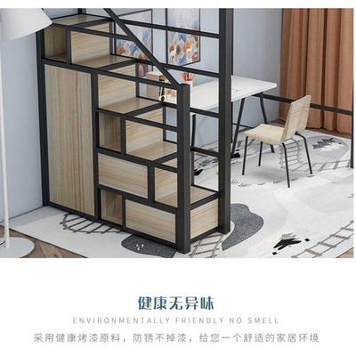 Y&u Wrought Iron Loft Bed Space Saving Iron Frame Bed Ladder Cabinet Single Double Bed Elevated Iron