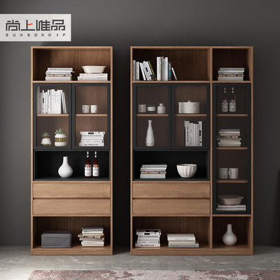 Nordic Solid Wood Bookcase with Glass Door Bookshelf Study Free Combination Bookcase Cabinet