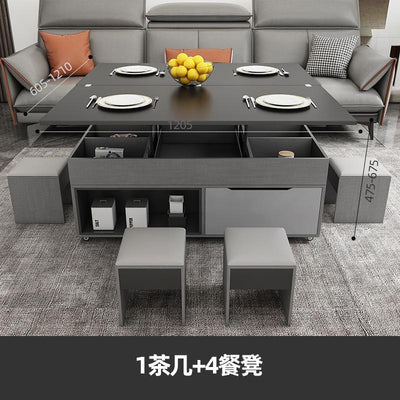 (MUWU) Lifting Coffee Table With 4 Stools Small Family Creative Dining Table Tea Table Dual Use