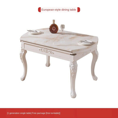 European-style Marble Dining Tables and Chairs Set Small Huxing Solid Wood Retractable Folding Round