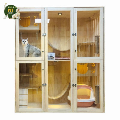 Large Villa Breeding Cage Two-layer Display Cabinet Solid Wood Nest Luxury Bed Cat House