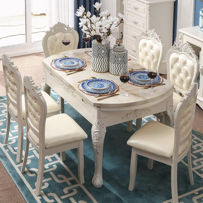 European-style Marble Dining Tables and Chairs Set Small Huxing Solid Wood Retractable Folding Round