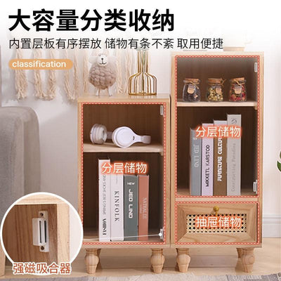 GC Rattan Bedside Table Storage Cabinet Solid Wood Bedroom Kitchen Cabinet Modern Simple