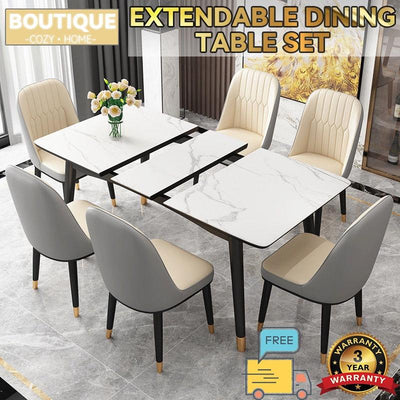 【High Quality】Dining Table Set Sintered Stone Table Set Extendable Marble Table Foldable Friction