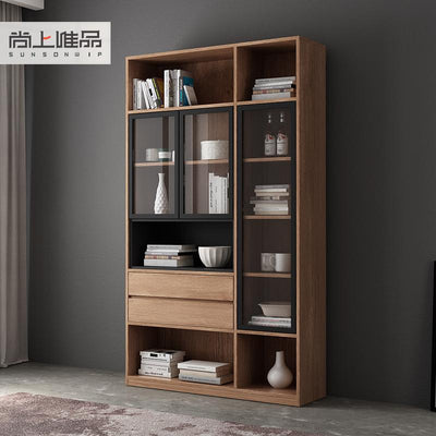 Nordic Solid Wood Bookcase with Glass Door Bookshelf Study Free Combination Bookcase Cabinet