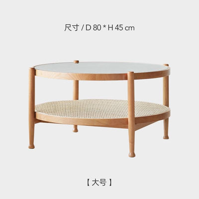 Solid Wood Small Round Table Japanese Style Living Room Rattan Round Glass Coffee Table——japanese