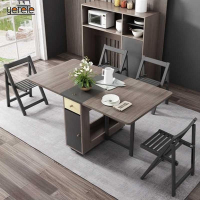 Foldable Dining Table And Chairs Solid Wood Belt Storage Multi-functional Table Set Retractable