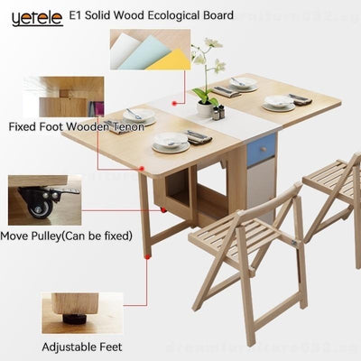 Foldable Dining Table And Chairs Solid Wood Belt Storage Multi-functional Table Set Retractable