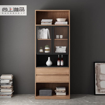 Nordic Solid Wood Bookcase with Glass Door Bookshelf Study Free Combination Bookcase Cabinet