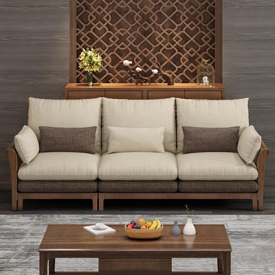 Neikia Solid Wood Sofa with Cushion Living Room Furniture New Chinese Fabric Sofa 1 2 3 Seater Sofa