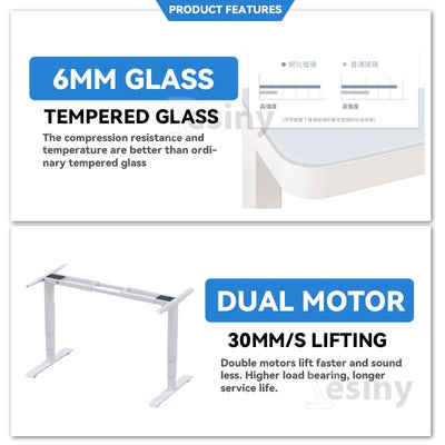 Desiny Glass Standing Desk Electric Height Adjustable Table WIreless Charger Removable Computer