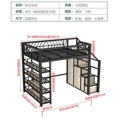 Y&u Wrought Iron Loft Bed Space Saving Iron Frame Bed Ladder Cabinet Single Double Bed Elevated Iron