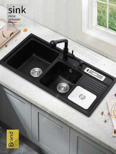 Kitchen Sink Quartz Stone Sink With Knife Holder, Black Granite Three Sinks