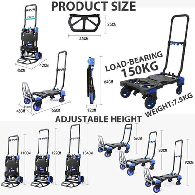 Household Foldable Trolley Big Capacity Multifunction Cart Loading 150kg Platform Trolley Can Adjust