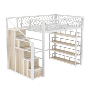 Y&u Wrought Iron Loft Bed Space Saving Iron Frame Bed Ladder Cabinet Single Double Bed Elevated Iron