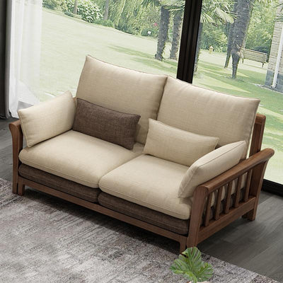 Neikia Solid Wood Sofa with Cushion Living Room Furniture New Chinese Fabric Sofa 1 2 3 Seater Sofa