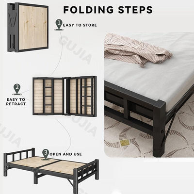 Gs Solid Wooden Foldable Bed Single Bed Frame 1.2m Household Simple Double Nap Pine Iron Frame