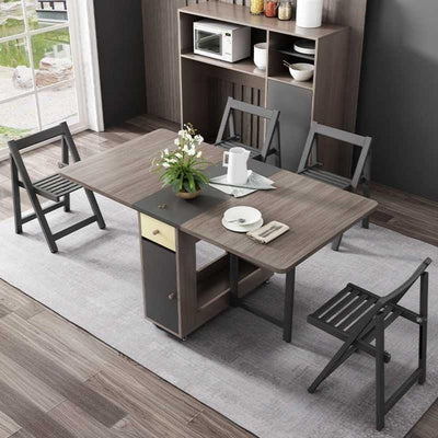 Foldable Dining Table And Chairs Solid Wood Belt Storage Multi-functional Table Set Retractable