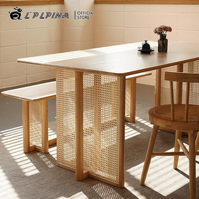 PINA 【Natural Rattan】Japanese Solid Wood Dining Table Bench Household Small Family Rattan Weaving