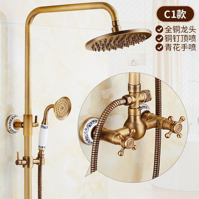 RUNZE All Copper Rain Shower Set European Retro Bathroom Shower Full Set With Shower Head