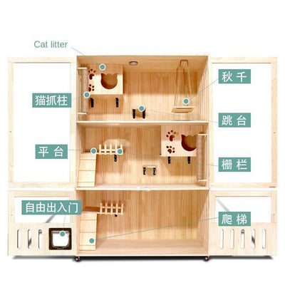 Luxury Villa Solid Wood Closed Cage Transparent Nest Wooden House Display Cat Cabinet