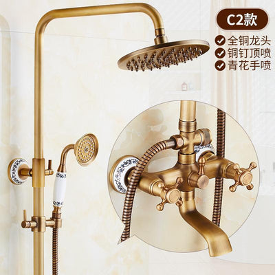 RUNZE All Copper Rain Shower Set European Retro Bathroom Shower Full Set With Shower Head