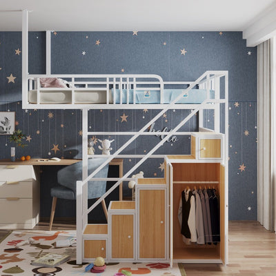 Loft Bed Frame Nordic Iron Bed Small Apartment Loft Bed Simple Apartment Duplex Storage Bed